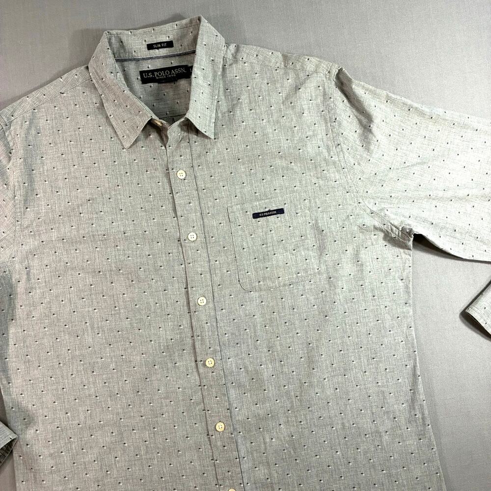 U.S. Polo Assn. Slim Fit Button Up Shirt Men's Large Gray Dot Cotton